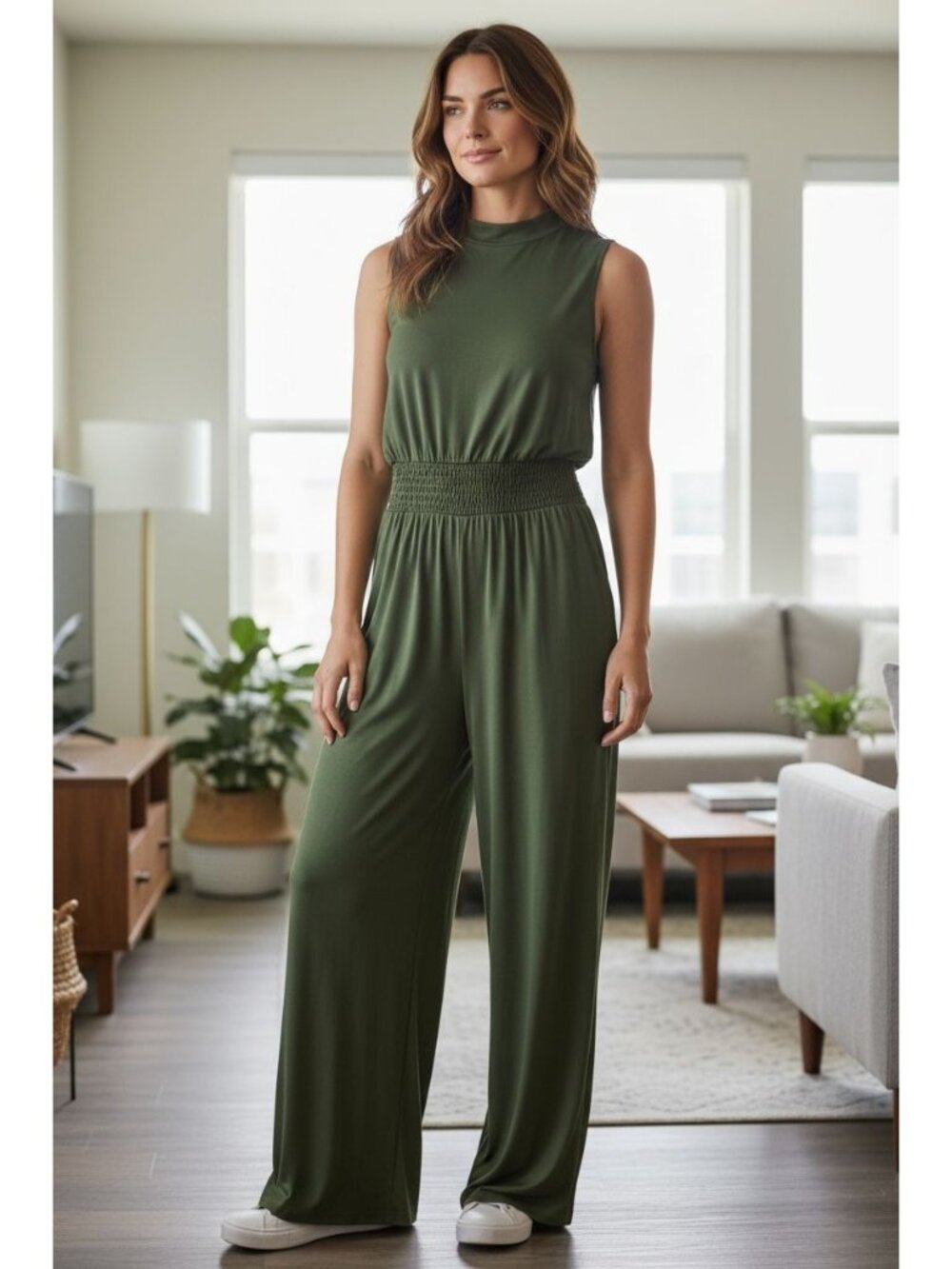 Marina Women's Sleeveless Olive Green Wide-Leg Jumpsuit With Smocked Waist Size